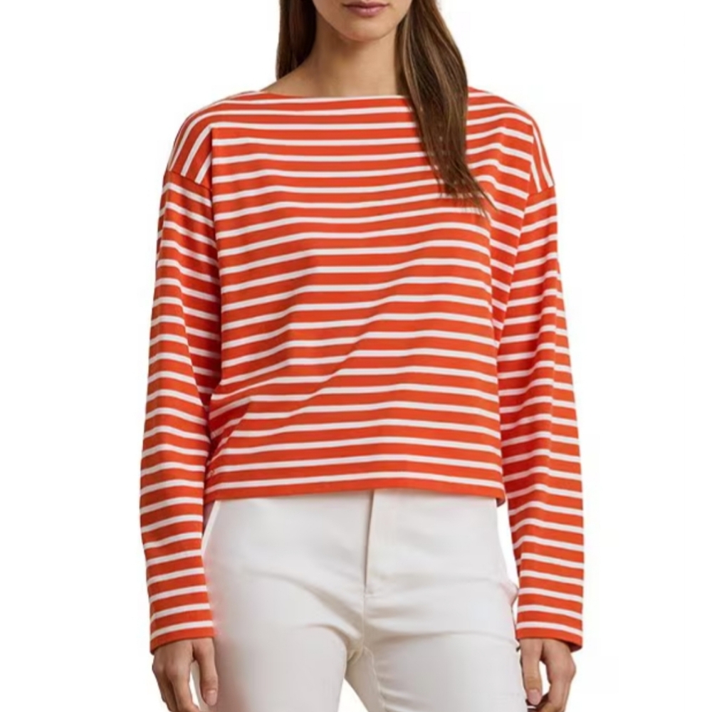 Lauren Ralph Lauren Cotton Jersey Stripe Boat Neck Long Sleeve Top Sz XL NWT